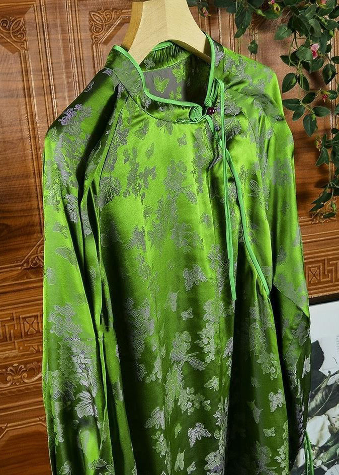 Jacquard Green Tasseled Button Patchwork Silk Shirts Fall Ada Fashion