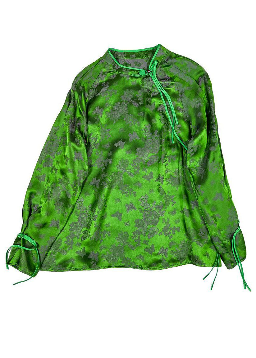 Jacquard Green Tasseled Button Patchwork Silk Shirts Fall Ada Fashion