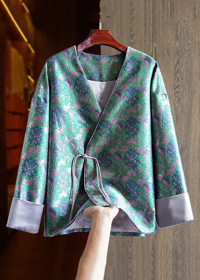 Jacquard Green V Neck Chinese Button Patchwork Silk Coats Long Sleeve Ada Fashion