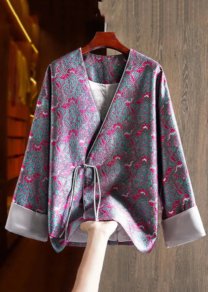 Jacquard Green V Neck Chinese Button Patchwork Silk Coats Long Sleeve Ada Fashion