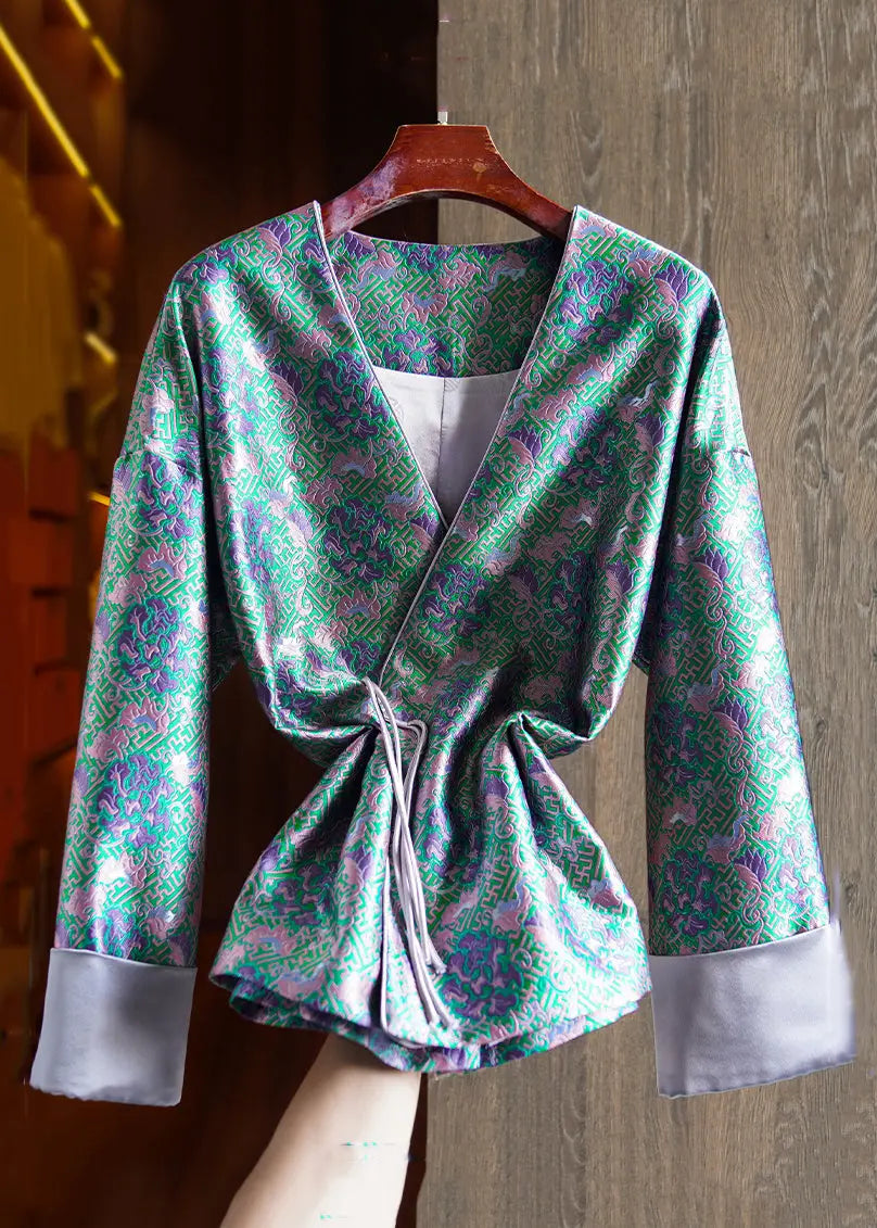 Jacquard Green V Neck Chinese Button Patchwork Silk Coats Long Sleeve Ada Fashion