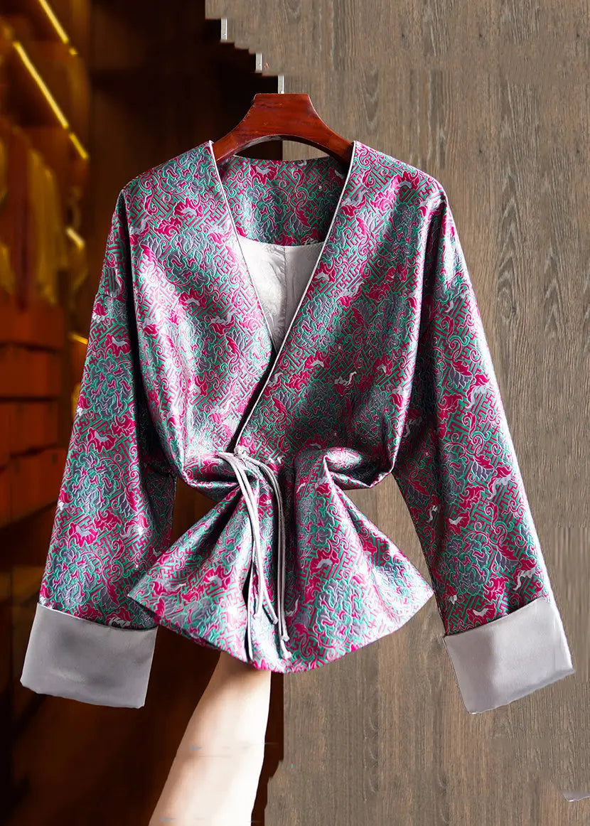 Jacquard Green V Neck Chinese Button Patchwork Silk Coats Long Sleeve Ada Fashion