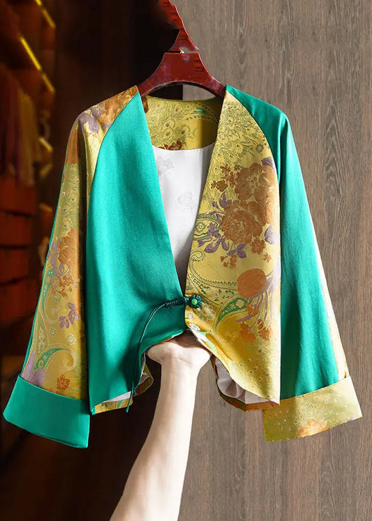 Jacquard Green V Neck Patchwork Button Silk Coats Fall Ada Fashion