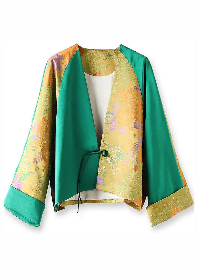 Jacquard Green V Neck Patchwork Button Silk Coats Fall Ada Fashion