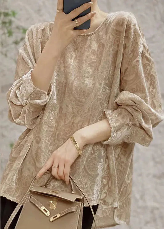 Jacquard Khaki O Neck  Silk Velour Shirt Fall Ada Fashion