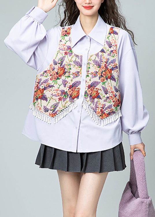 Jacquard Llight Purple Peter Pan Collar Print Tassel Button Shirt Puff Sleeve LY0803 - fabuloryshop