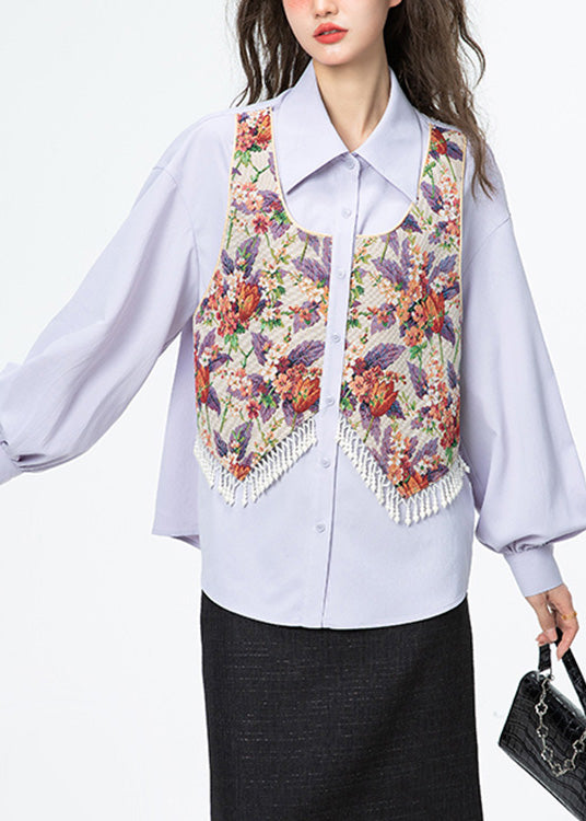 Jacquard Llight Purple Peter Pan Collar Print Tassel Button Shirt Puff Sleeve LY0803 - fabuloryshop