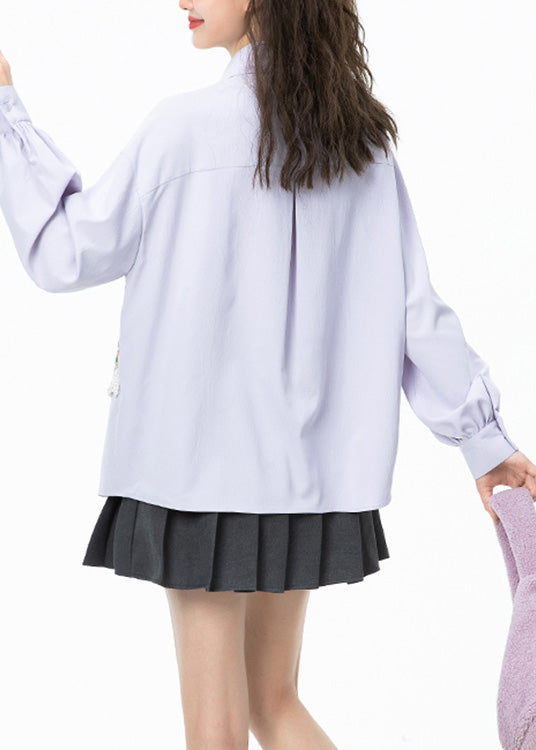 Jacquard Llight Purple Peter Pan Collar Print Tassel Button Shirt Puff Sleeve LY0803 - fabuloryshop