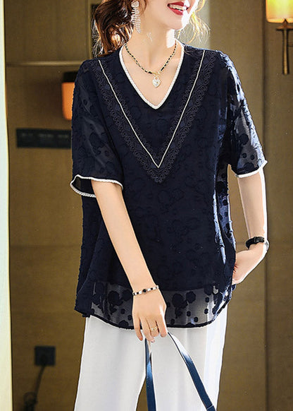 Jacquard Navy V Neck Patchwork Chiffon T Shirt Summer LY1516 - fabuloryshop