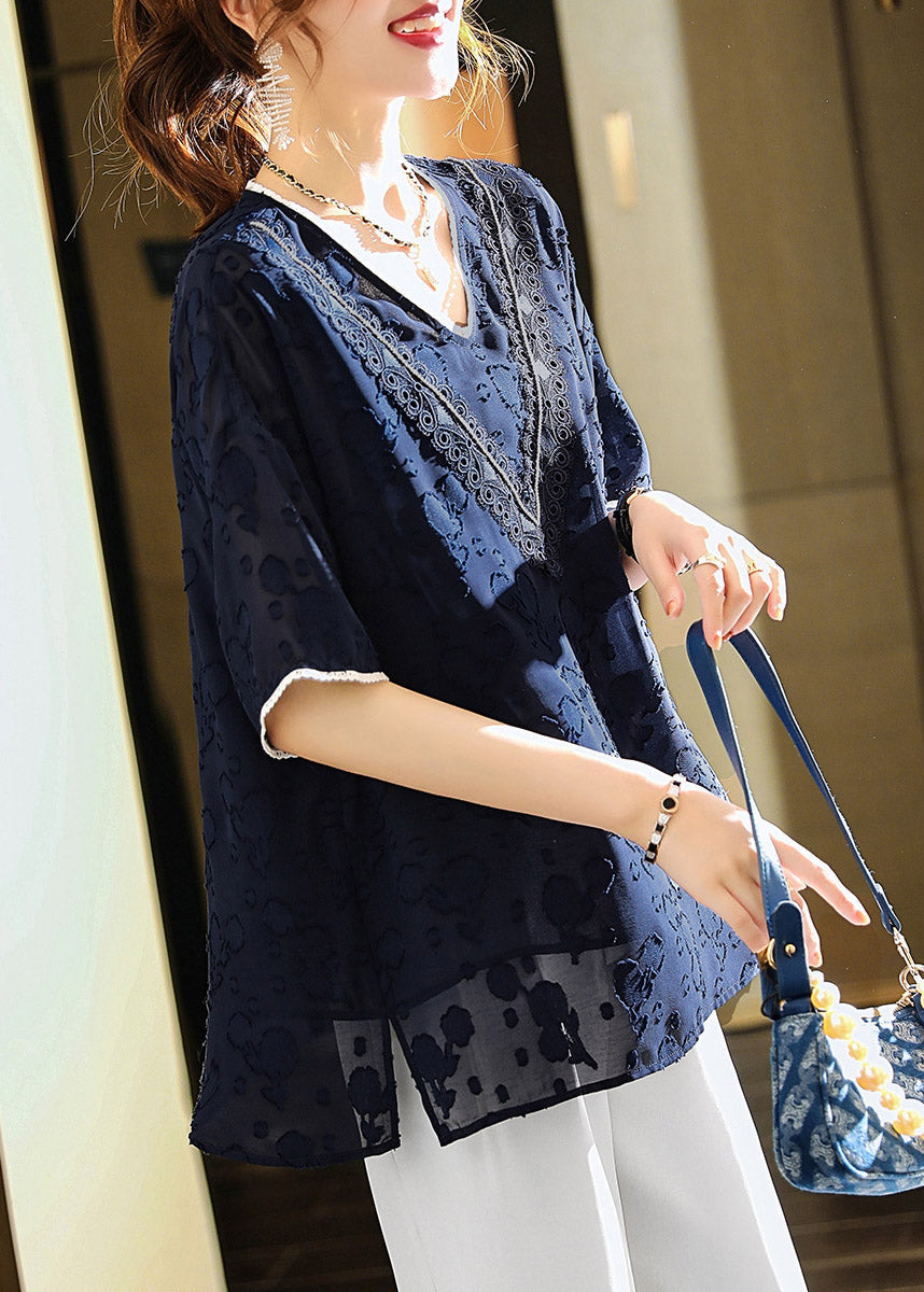 Jacquard Navy V Neck Patchwork Chiffon T Shirt Summer LY1516 - fabuloryshop