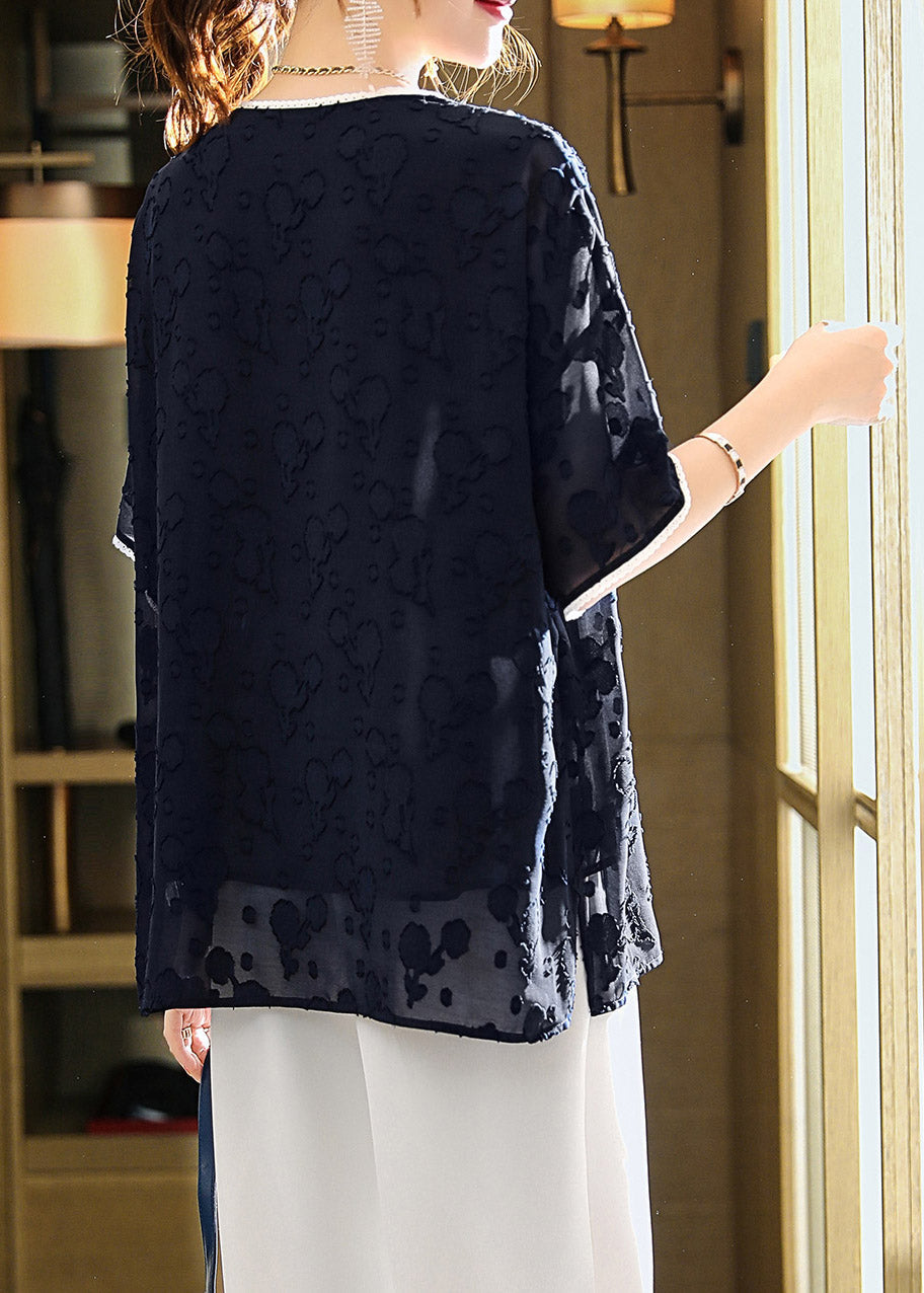 Jacquard Navy V Neck Patchwork Chiffon T Shirt Summer LY1516 - fabuloryshop