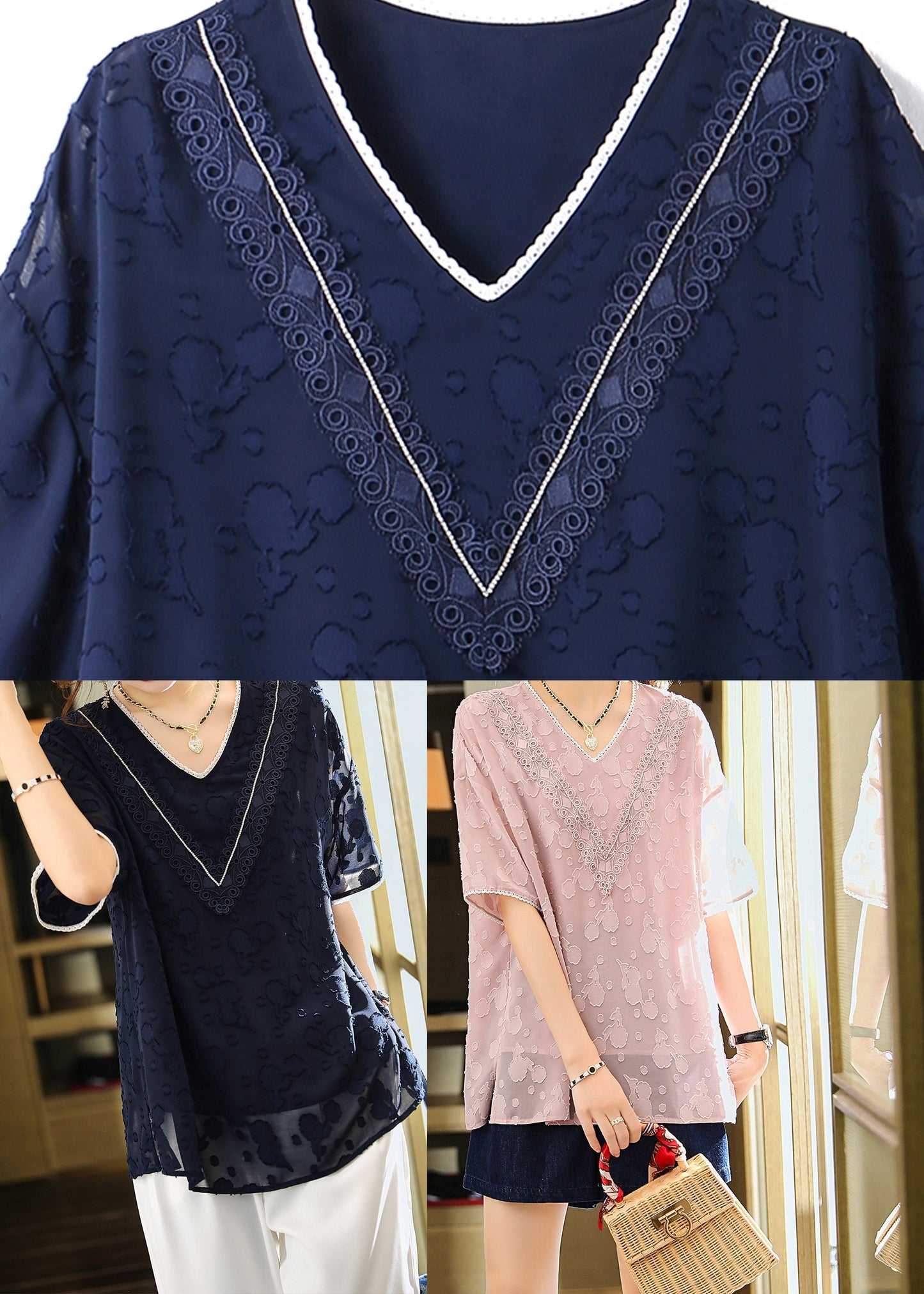 Jacquard Navy V Neck Patchwork Chiffon T Shirt Summer LY1516 - fabuloryshop