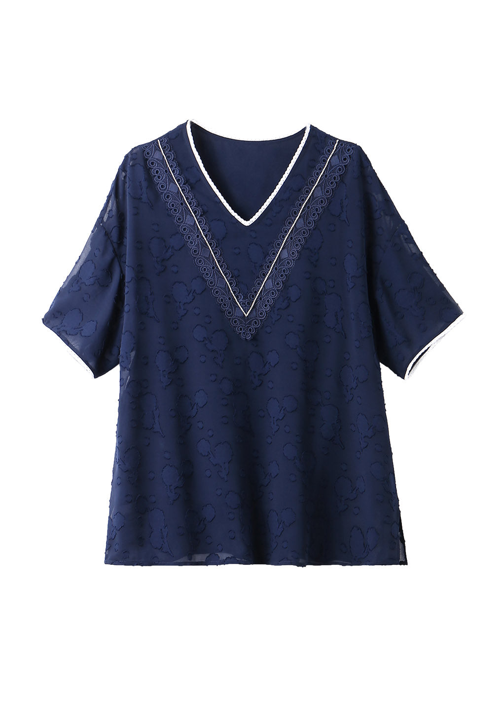 Jacquard Navy V Neck Patchwork Chiffon T Shirt Summer LY1516 - fabuloryshop