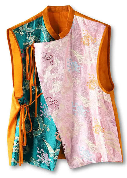 Jacquard Orange Asymmetrical Lace Up Patchwork Silk Waistcoat Sleeveless Ada Fashion