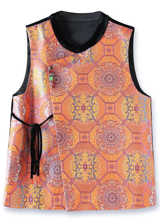 Jacquard Orange O Neck Lace Up Patchwork Silk Waistcoat Sleeveless Ada Fashion