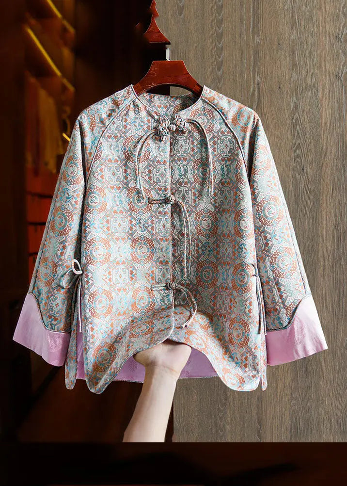 Jacquard Pink Patchwork Side Open Button Silk Coat Fall Ada Fashion