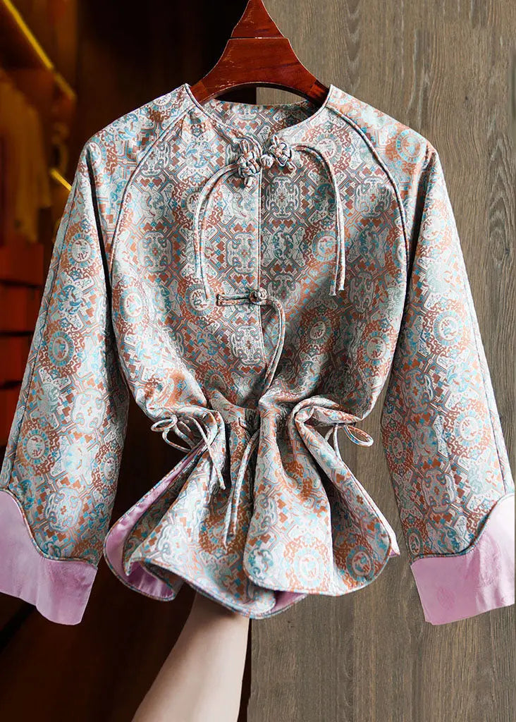 Jacquard Pink Patchwork Side Open Button Silk Coat Fall Ada Fashion