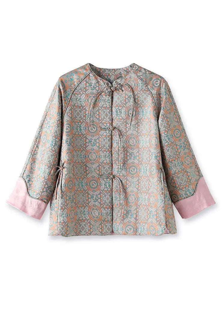 Jacquard Pink Patchwork Side Open Button Silk Coat Fall Ada Fashion