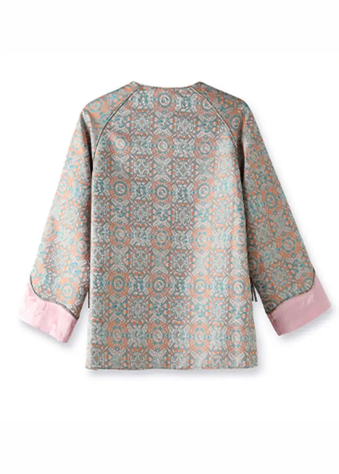 Jacquard Pink Patchwork Side Open Button Silk Coat Fall Ada Fashion