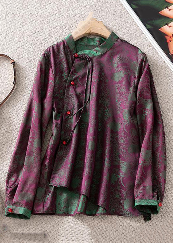 Jacquard Purple Stand Collar Button Silk Shirt Top Fall Ada Fashion