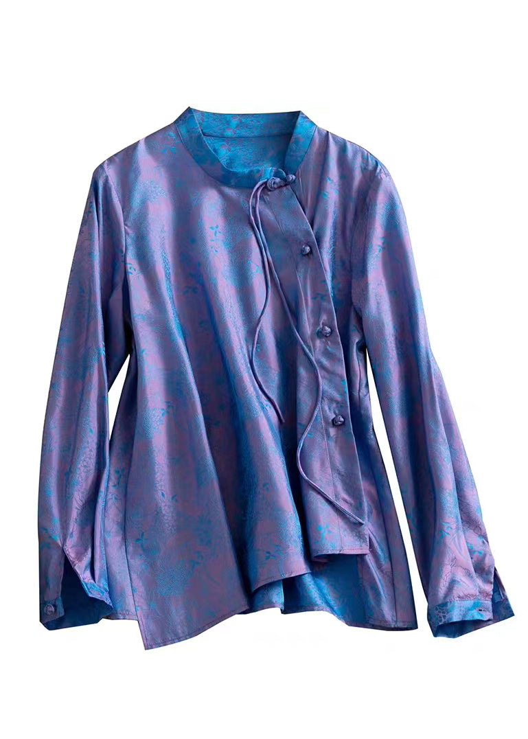 Jacquard Purple Stand Collar Button Silk Shirt Top Fall Ada Fashion