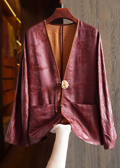 Jacquard Red Button Pockets Patchwork Silk Coats Fall Ada Fashion