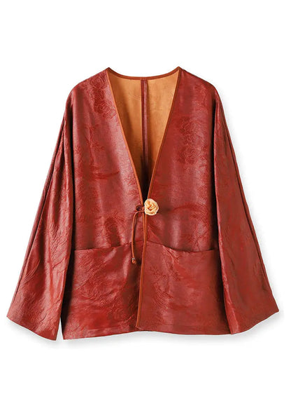 Jacquard Red Button Pockets Patchwork Silk Coats Fall Ada Fashion