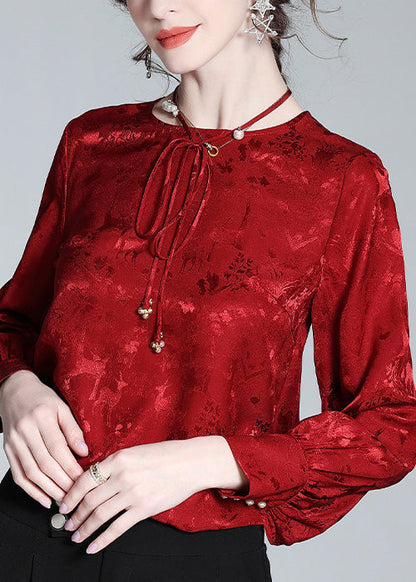 Jacquard Red O-Neck Neck TIie Silk Shirt Spring LY1020 - fabuloryshop