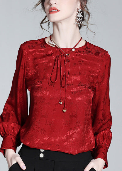 Jacquard Red O-Neck Neck TIie Silk Shirt Spring LY1020 - fabuloryshop