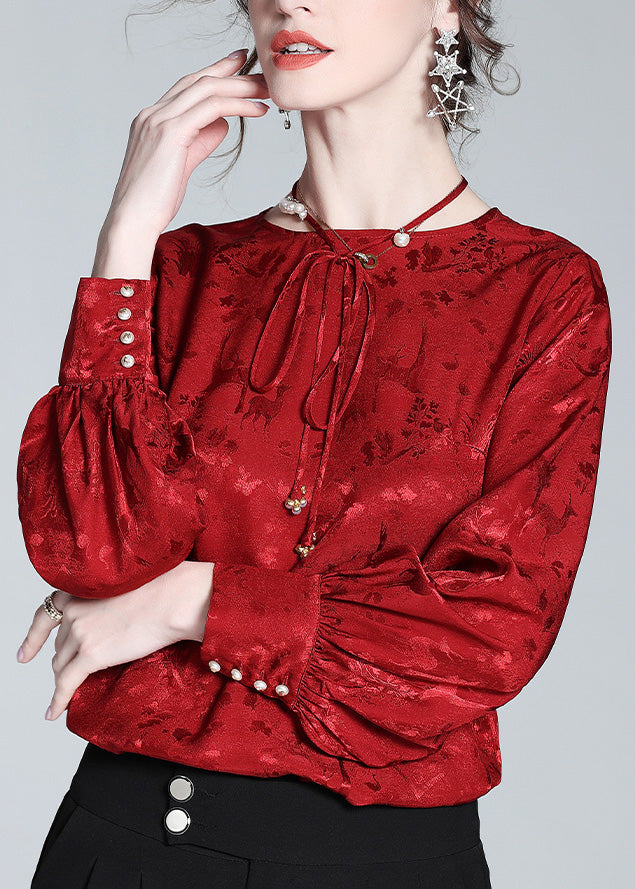 Jacquard Red O-Neck Neck TIie Silk Shirt Spring LY1020 - fabuloryshop