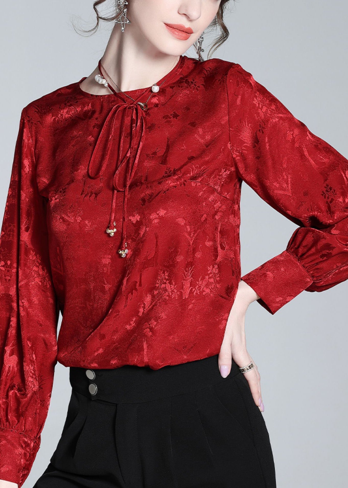 Jacquard Red O-Neck Neck TIie Silk Shirt Spring LY1020 - fabuloryshop