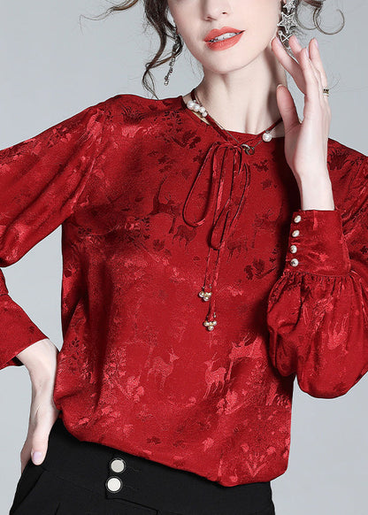 Jacquard Red O-Neck Neck TIie Silk Shirt Spring LY1020 - fabuloryshop