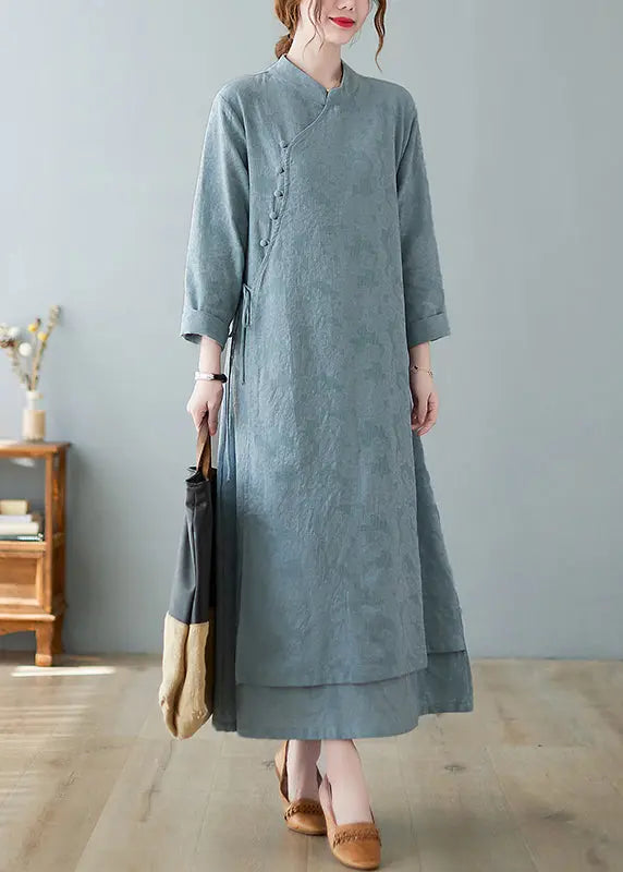 Jacquard Sky Blue Stand Collar Button Lace Up Cotton Long Dresses Fall Ada Fashion