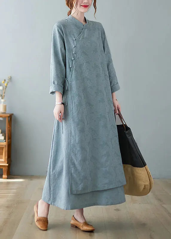 Jacquard Sky Blue Stand Collar Button Lace Up Cotton Long Dresses Fall Ada Fashion