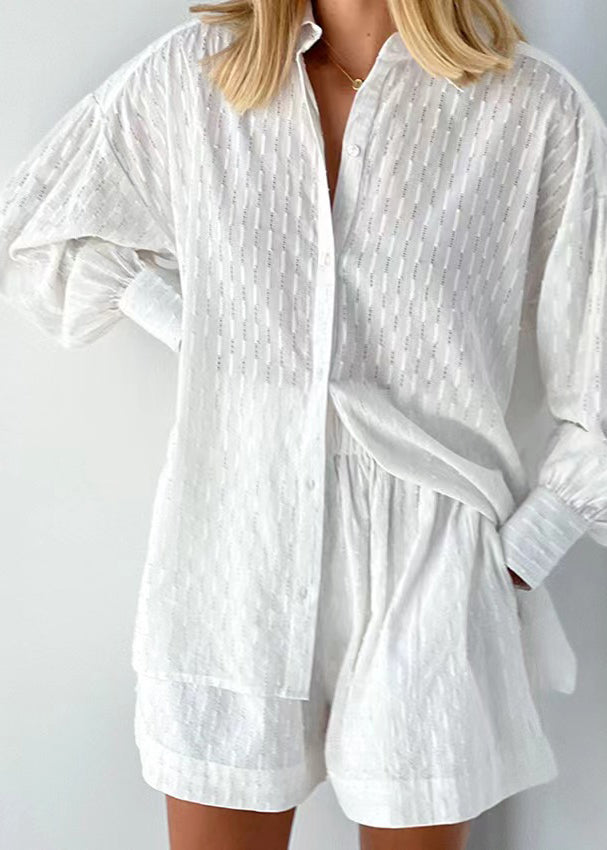 Jacquard White Peter Pan Collar Button Cotton Shirt And Shorts Two Piece Set Summer LY1966