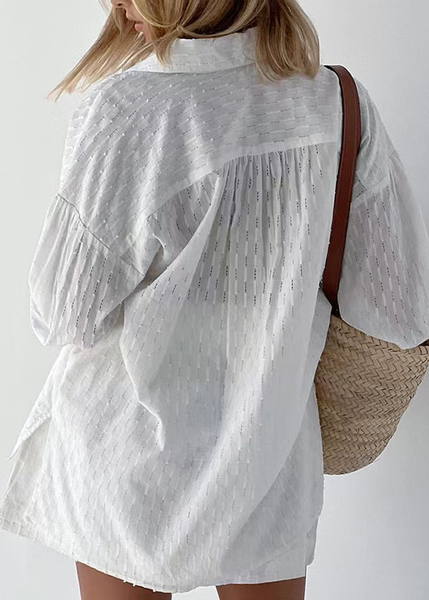 Jacquard White Peter Pan Collar Button Cotton Shirt And Shorts Two Piece Set Summer LY1966 - fabuloryshop