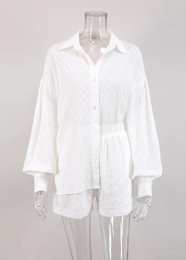 Jacquard White Peter Pan Collar Button Cotton Shirt And Shorts Two Piece Set Summer LY1966 - fabuloryshop