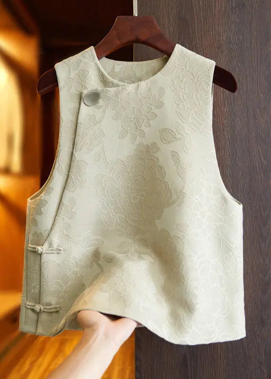 Jacquard White Tan O Neck Button Patchwork Silk Waistcoat Sleeveless Ada Fashion