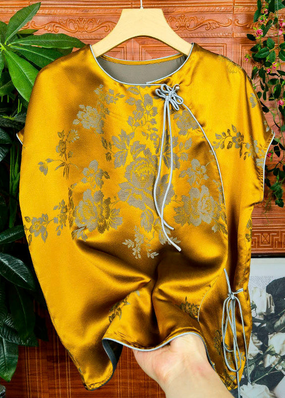 Jacquard Yellow O-Neck Lace Up Patchwork Silk Tops Summer Ada Fashion