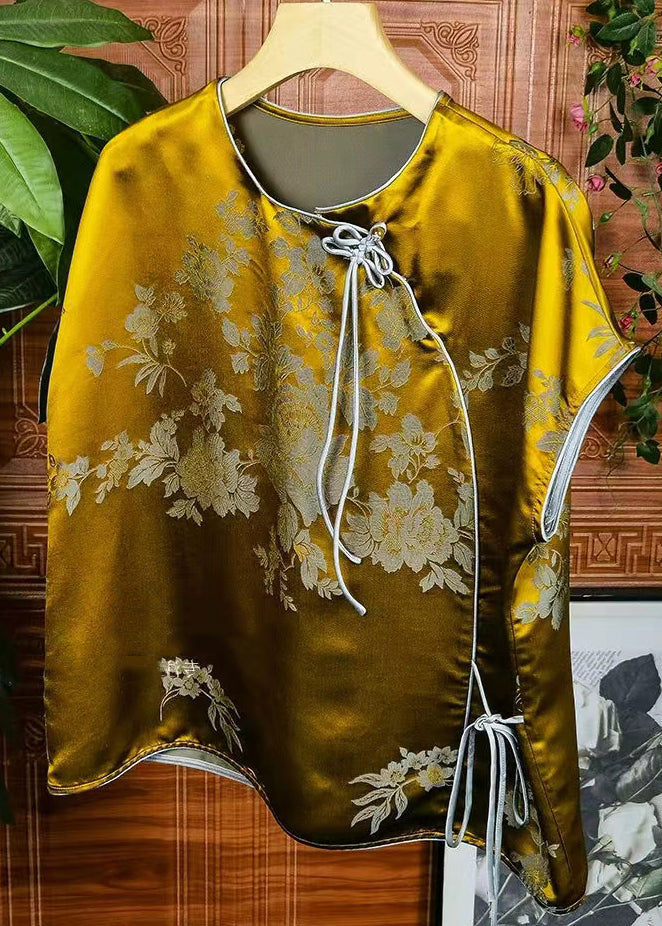 Jacquard Yellow O-Neck Lace Up Patchwork Silk Tops Summer Ada Fashion