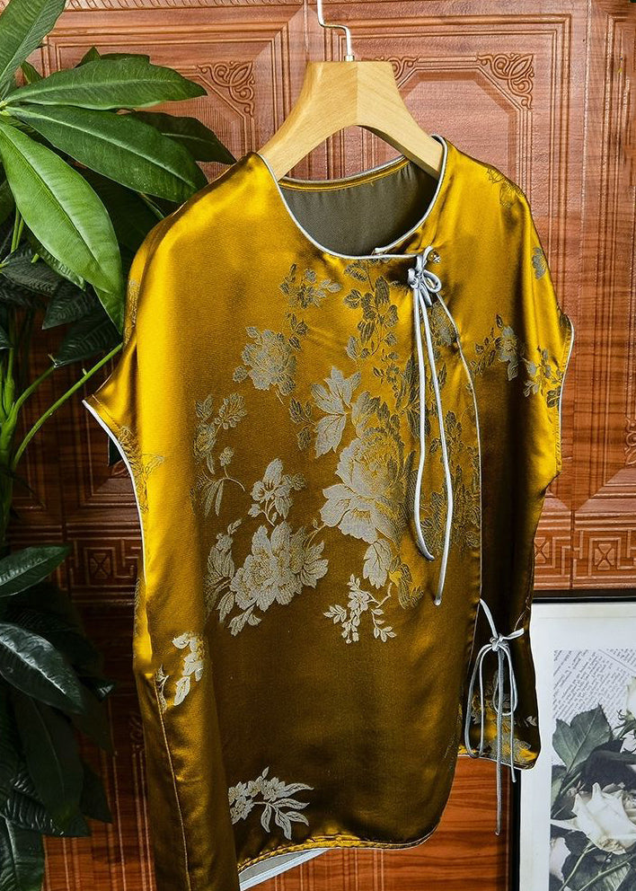 Jacquard Yellow O-Neck Lace Up Patchwork Silk Tops Summer Ada Fashion