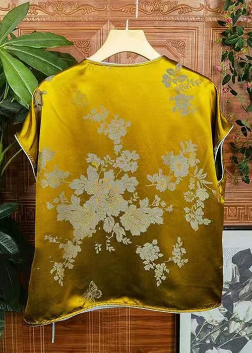 Jacquard Yellow O-Neck Lace Up Patchwork Silk Tops Summer Ada Fashion