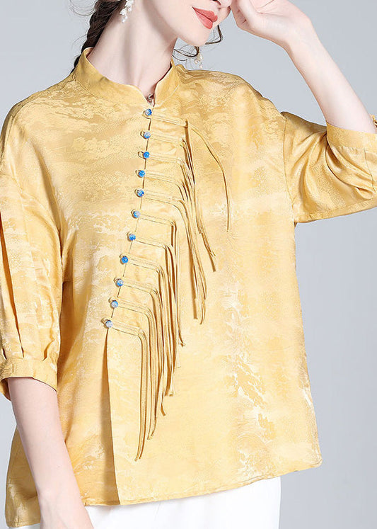 Jacquard Yellow Stand Collar Button Silk Shirt Long Sleeve LY0100 - fabuloryshop