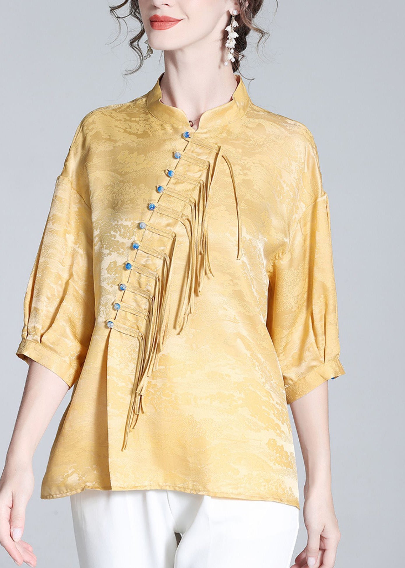 Jacquard Yellow Stand Collar Button Silk Shirt Long Sleeve LY0100 - fabuloryshop