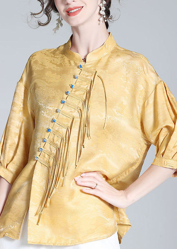 Jacquard Yellow Stand Collar Button Silk Shirt Long Sleeve LY0100 - fabuloryshop