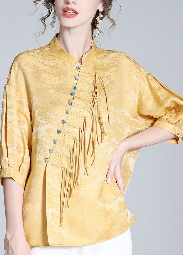 Jacquard Yellow Stand Collar Button Silk Shirt Long Sleeve LY0100 - fabuloryshop