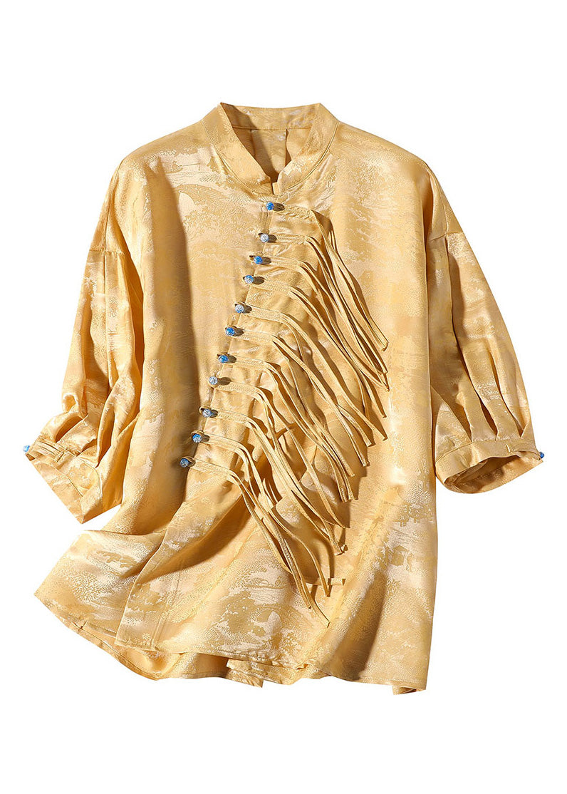 Jacquard Yellow Stand Collar Button Silk Shirt Long Sleeve LY0100 - fabuloryshop