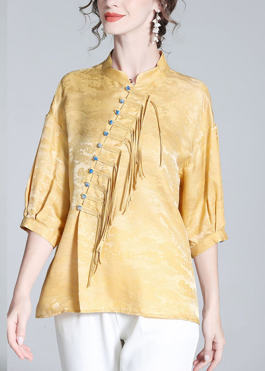 Jacquard Yellow Stand Collar Button Silk Shirts Spring LY0949 - fabuloryshop