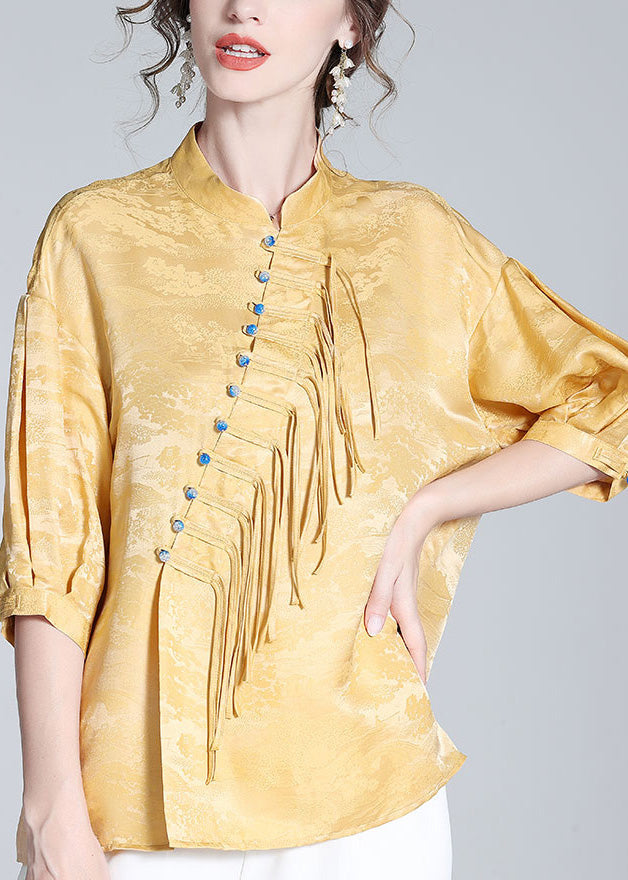 Jacquard Yellow Stand Collar Button Silk Shirts Spring LY0949 - fabuloryshop