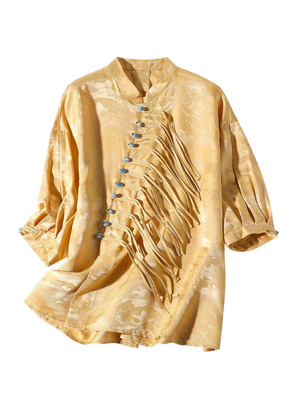 Jacquard Yellow Stand Collar Button Silk Shirts Spring LY0949 - fabuloryshop